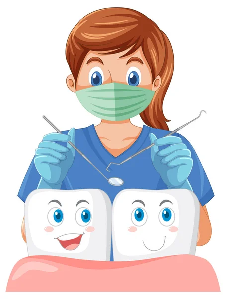 白底图上的牙科医生持牙器及牙齿检查 — 图库矢量图片