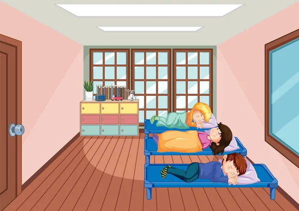Niños Durmiendo Camas Habitación Ilustración — Archivo Imágenes Vectoriales