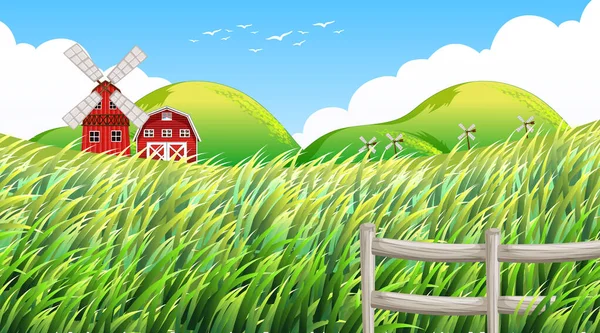 Granja Escena Con Molino Viento Granero Ilustración — Vector de stock