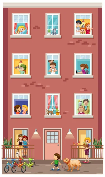 Appartement Fenêtres Avec Des Voisins Illustration Personnage Dessin Animé Graphismes Vectoriels