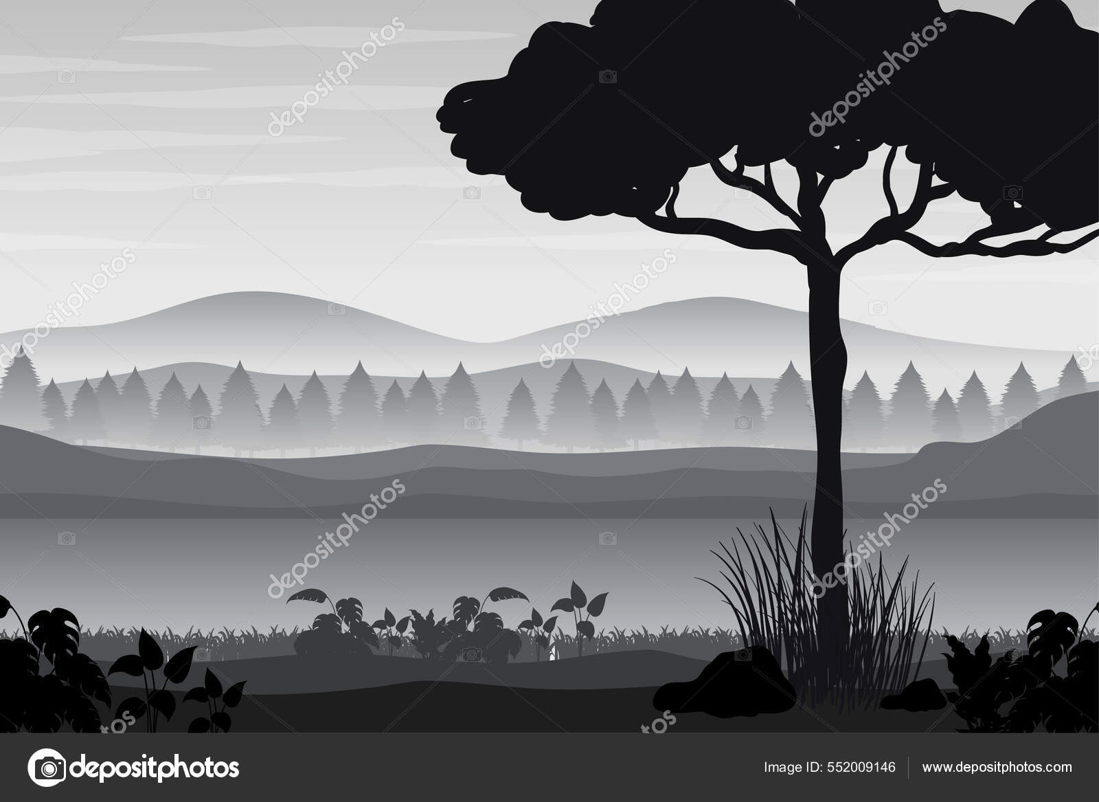 Silhouette Shadow Forest Scene Illustration Stock Vector by