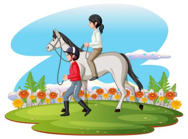 Hostes illüstrasyonuyla ata binen bir kız sahnesi.