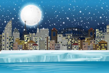 Şehir arka planında karlı bir gece