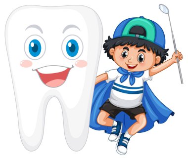 Beyaz arkaplanda büyük dişli bir ayna tutan küçük bir çocuk.