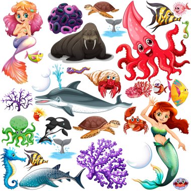 Deniz hayvanlar illüstrasyon farklı türleri
