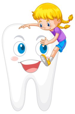 Mutlu çocuk beyaz arka planda büyük bir dişe sarılıyor.