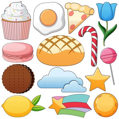 Beyaz arkaplan illüstrasyonunda klasik tarz çizgi film seti