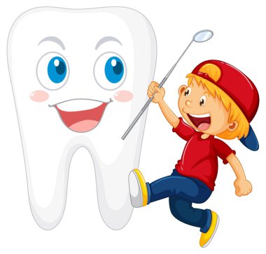 Beyaz arkaplanda büyük dişli bir ayna tutan küçük bir çocuk.