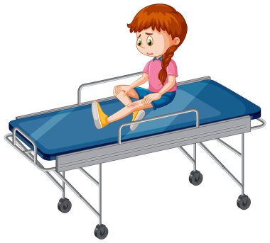 Yaralı bir kız acil durum yatak illüstrasyonunda oturuyor.