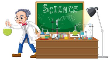 Bilim laboratuarındaki nesnelerin çizimi ile bilim adamı çizgi film karakteri