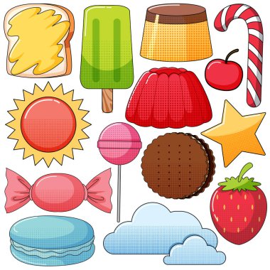 Beyaz arkaplan illüstrasyonunda klasik tarz çizgi film seti