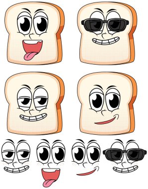 Beyaz arkaplanda ekmek olan klasik yüz ifadesi çizgi filmi seti