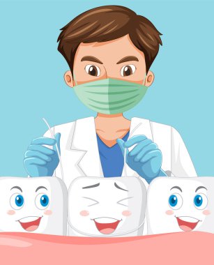 Dişçi beyaz arkaplan illüstrasyonunda aletler tutuyor ve dişleri inceliyor