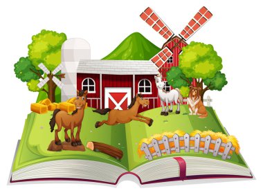 Beyaz arkaplan illüstrasyonunda kitap çiftliği teması aç