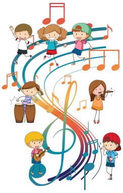 Mutlu çocuklar beyaz arkaplan illüstrasyonunda notalarla müzik enstrümanları çalıyorlar.