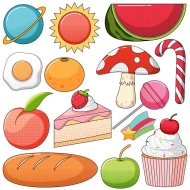 Beyaz arkaplan illüstrasyonunda klasik tarz çizgi film seti