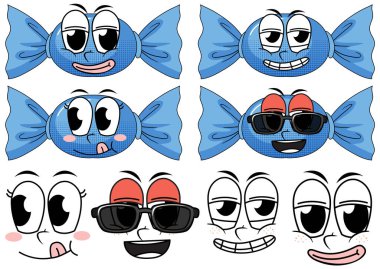 Beyaz arkaplanda şekerli klasik yüz ifadesi çizimi seti