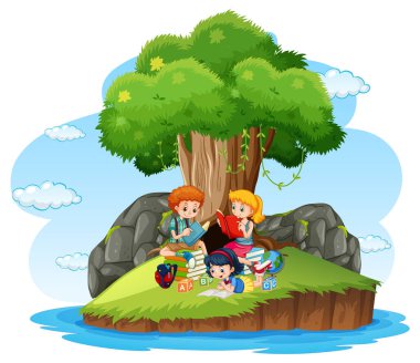 Ada illüstrasyonunda kitap okuyan çocuklar