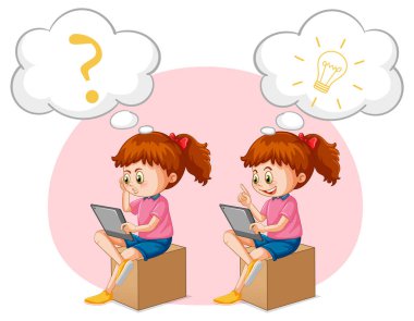 Konuşma baloncuğuyla iPad oynayan bir çocuk