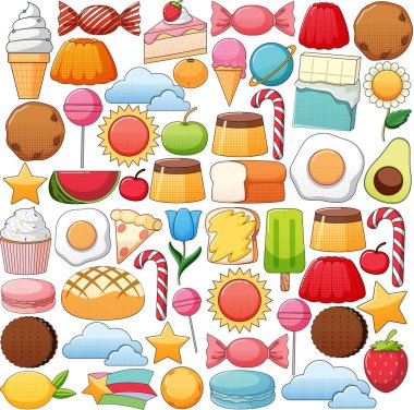 Beyaz arkaplan illüstrasyonunda klasik tarz çizgi film seti