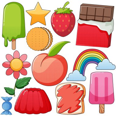 Beyaz arkaplan illüstrasyonunda klasik tarz çizgi film seti