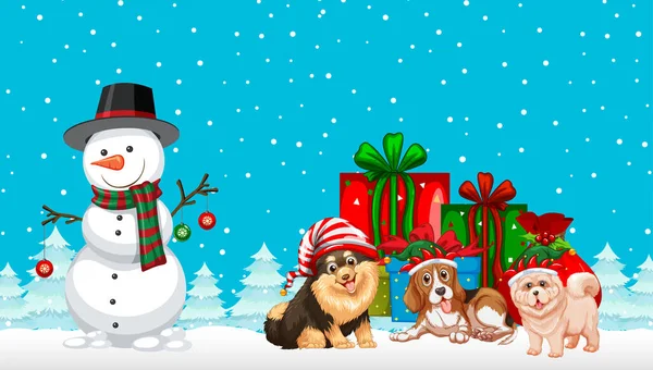 Navidad Muñeco Nieve Perros Sobre Fondo Azul Nevado Ilustración — Archivo Imágenes Vectoriales