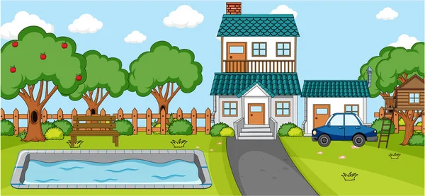 Outdoor Scene Met Doodle Huis Cartoon Illustratie — Stockvector