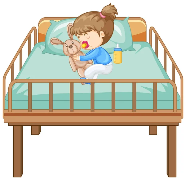 Ένα Κορίτσι Που Κοιμάται Στο Κρεβάτι Κούκλα Κουνέλι Εικονογράφηση — Διανυσματικό Αρχείο