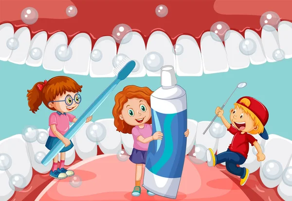 Szczęśliwe Dzieci Myjące Wybielone Zęby Szczoteczką Zębów Wewnątrz Ludzkich Ust — Wektor stockowy