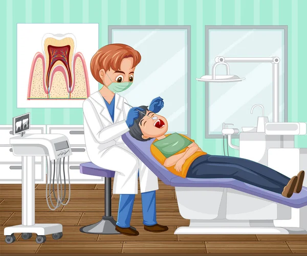 歯医者さんがクリニックのイラストで患者さんの歯を調べる — ストックベクタ