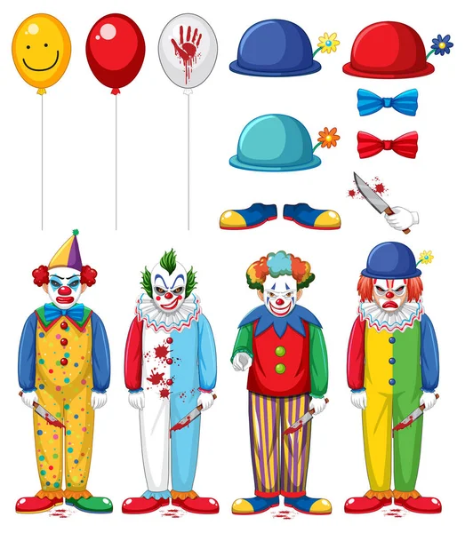 Set Personaggi Clown Raccapriccianti Elementi Illustrazione — Vettoriale Stock