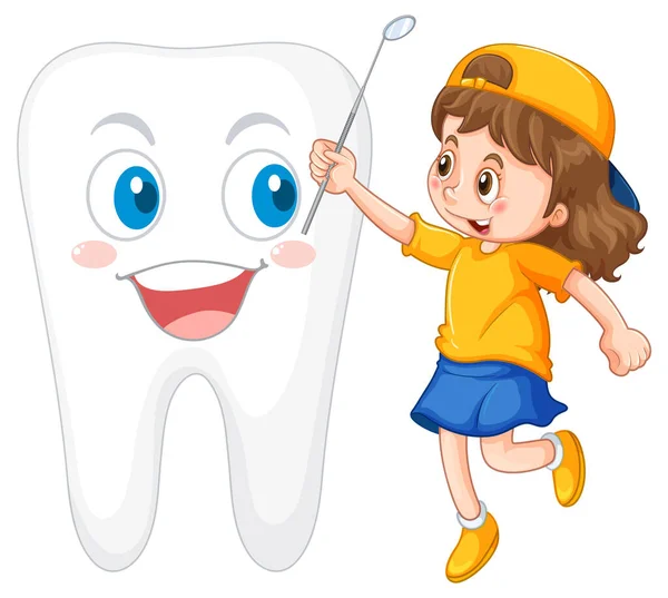 Uma Menina Verificando Dente Com Espelho Dental Fundo Branco Ilustração — Vetor de Stock