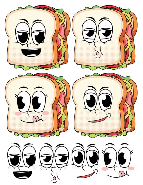 Conjunto Expresión Facial Estilo Vintage Dibujos Animados Con Sándwich Sobre — Vector de stock