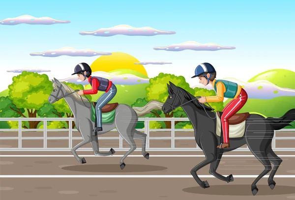 競馬場のイラストで馬に乗っている男 — ストックベクタ