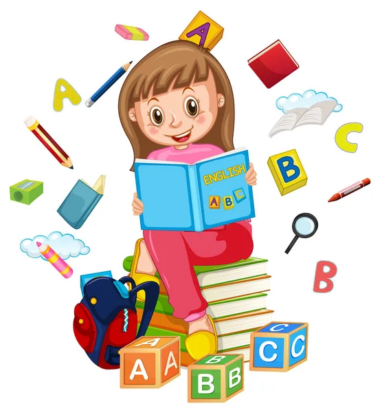 Girl Read Books White Background Illustration — Stock Vector