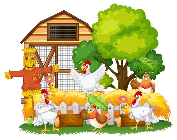 Isolated Scene Group Chickens Cartoon Style Illustration — Stock Vector