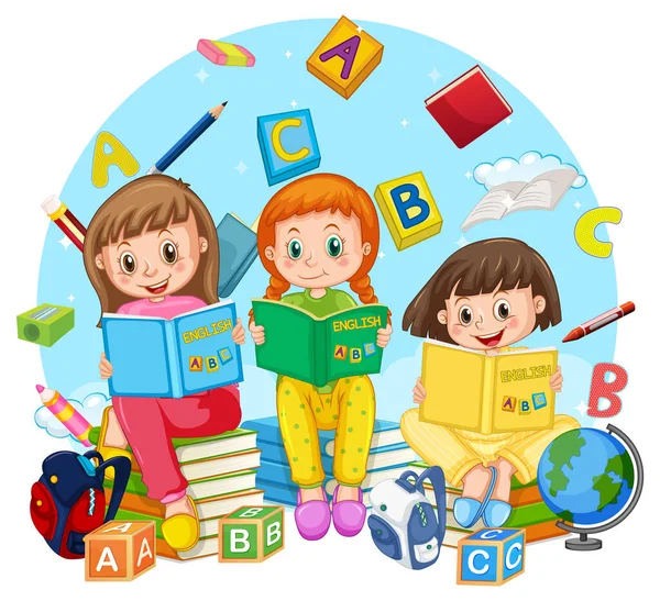 Bambini Che Leggono Libri Sfondo Bianco Illustrazione — Vettoriale Stock