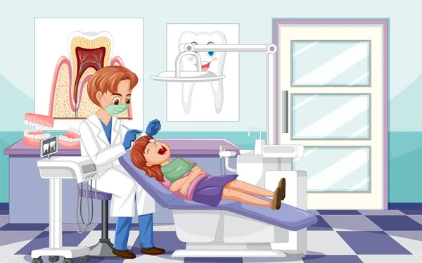 歯医者さんがクリニックのイラストで患者さんの歯を調べる — ストックベクタ