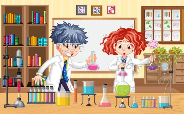 Scena Laboratorio Con Illustrazione Personaggio Cartone Animato Scienziato — Vettoriale Stock