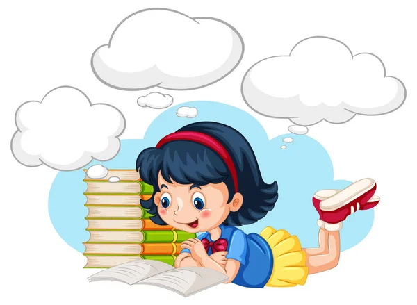 Дитина Читає Книгу Ілюстрацією Мовної Бульбашки — стоковий вектор