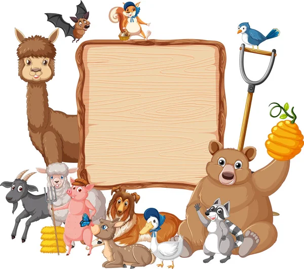 Animal Con Ilustración Pancarta Madera — Vector de stock