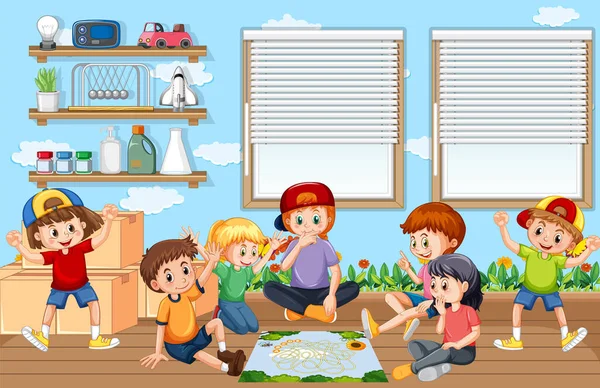 Anak Anak Bermain Papan Permainan Dalam Ilustrasi Ruangan - Stok Vektor