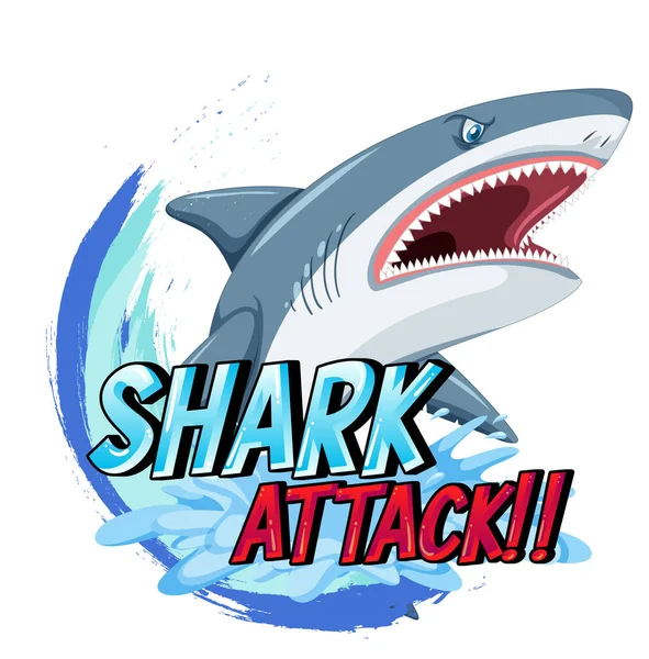 Logotipo Marino Con Gran Tiburón Azul Ilustración Texto Ataque Tiburón — Vector de stock
