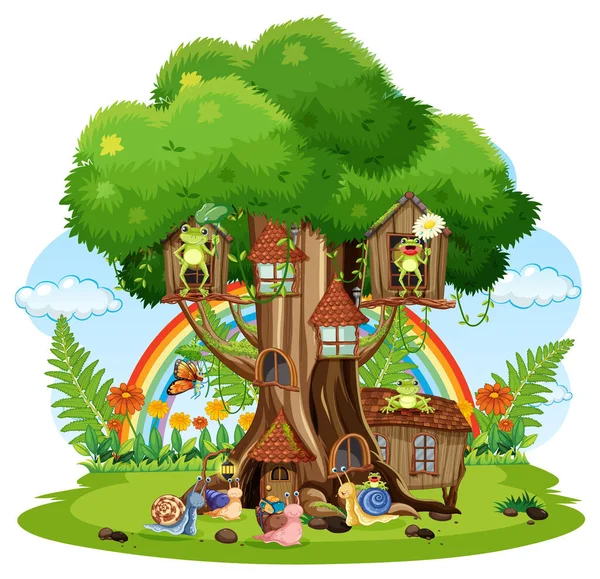 Happy Insect Cartoon Fairy Tree House Illustration — Stock Vector