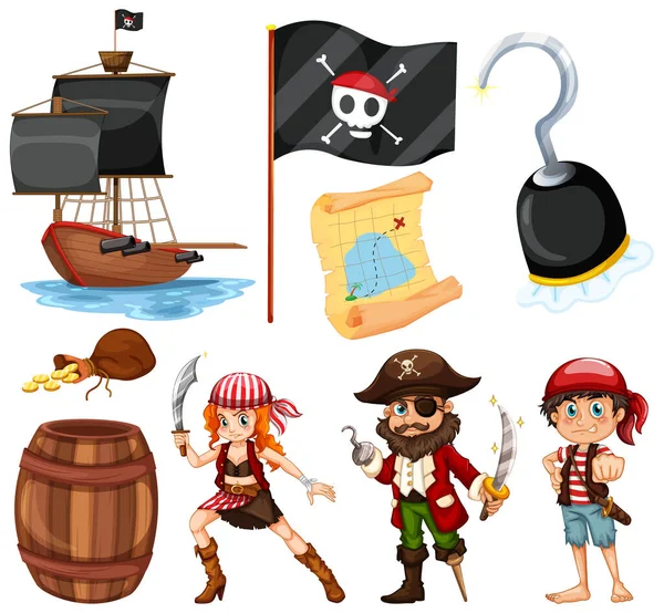 Conjunto Diferentes Personajes Dibujos Animados Piratas Ilustración — Archivo Imágenes Vectoriales