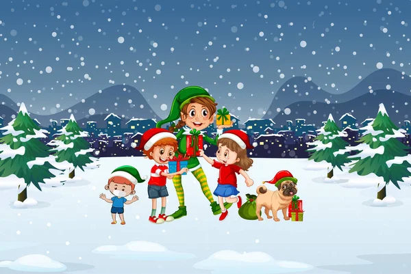 Escena Nocturna Navidad Nevada Con Elfos Ilustración Para Niños — Vector de stock
