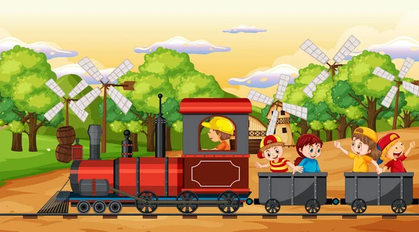 一个孩子在一列带有自然场景图解的火车上 — 图库矢量图片