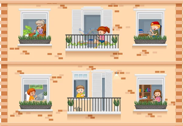 Komşu Çizgi Film Karakteri Resimli Apartman Pencereleri — Stok Vektör
