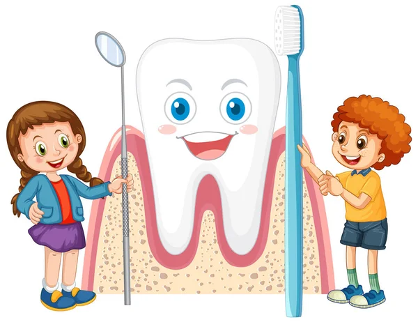 Happy Kids Holding Dental Mirro Toothbrush Big Tooth White Background — Stock Vector