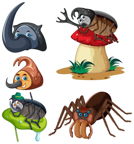 Ensemble Différents Insectes Coléoptères Dans Illustration Style Dessin Animé — Image vectorielle